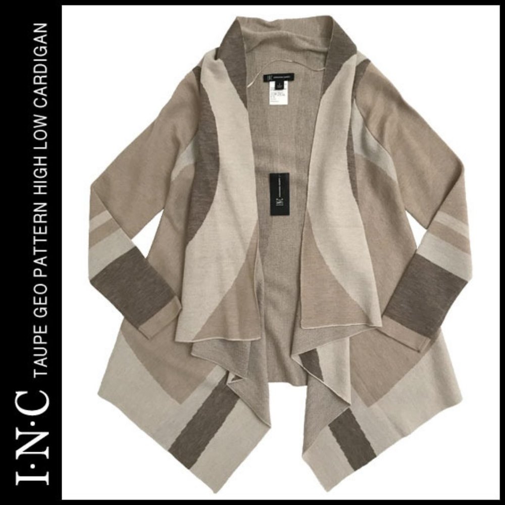 INC Tonal Taupe Geo Pattern High Low Handkerchief Hem Cardigan Size S